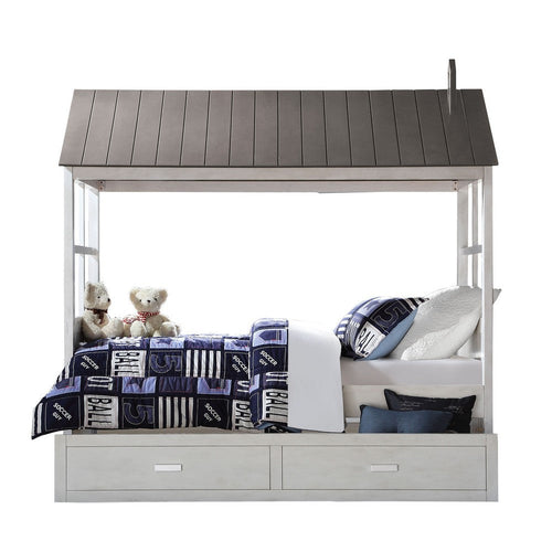 Tree House Design Wooden Twin Size Bed with Trundle, White and Gray