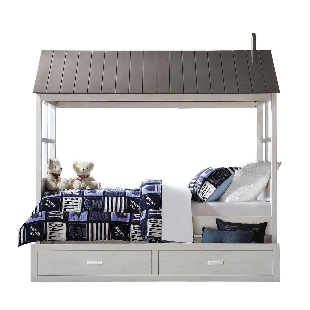 Tree House Design Wooden Twin Size Bed with Trundle, White and Gray