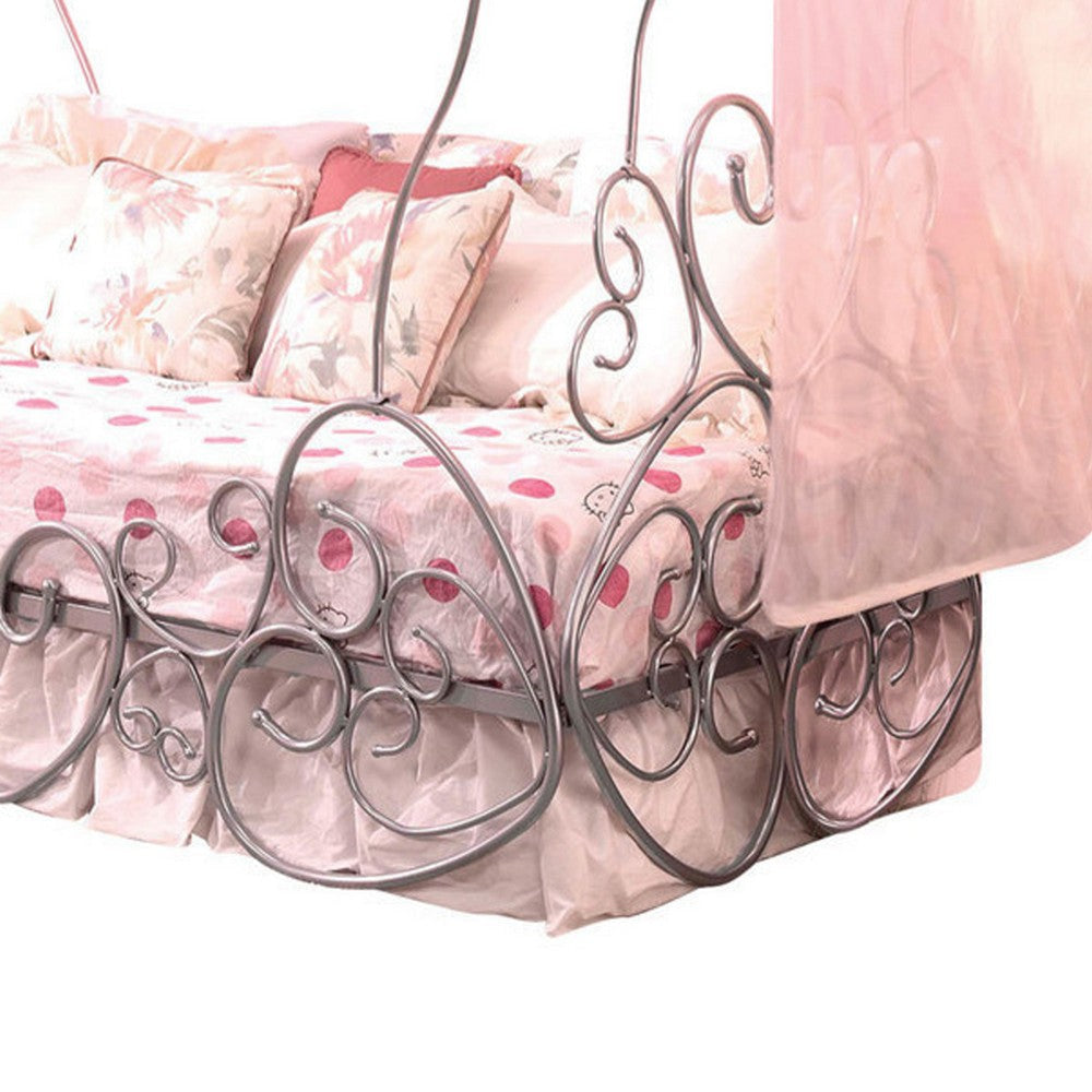Classic Metal Twin Size Canopy Bed with Scrollwork Design Silver AMF-37190T