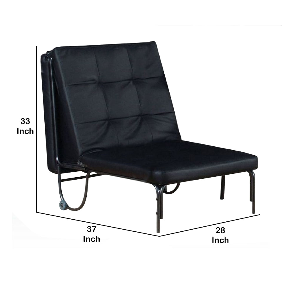 Adjustable Metal Futon with Faux Leather Upholstered Tufted Details and Casters, Black - 37276 By Casagear Home