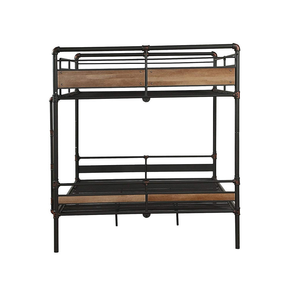 Queen Over Queen Size Metal Bunk Bed with Ladder Black and Brown AMF-37730