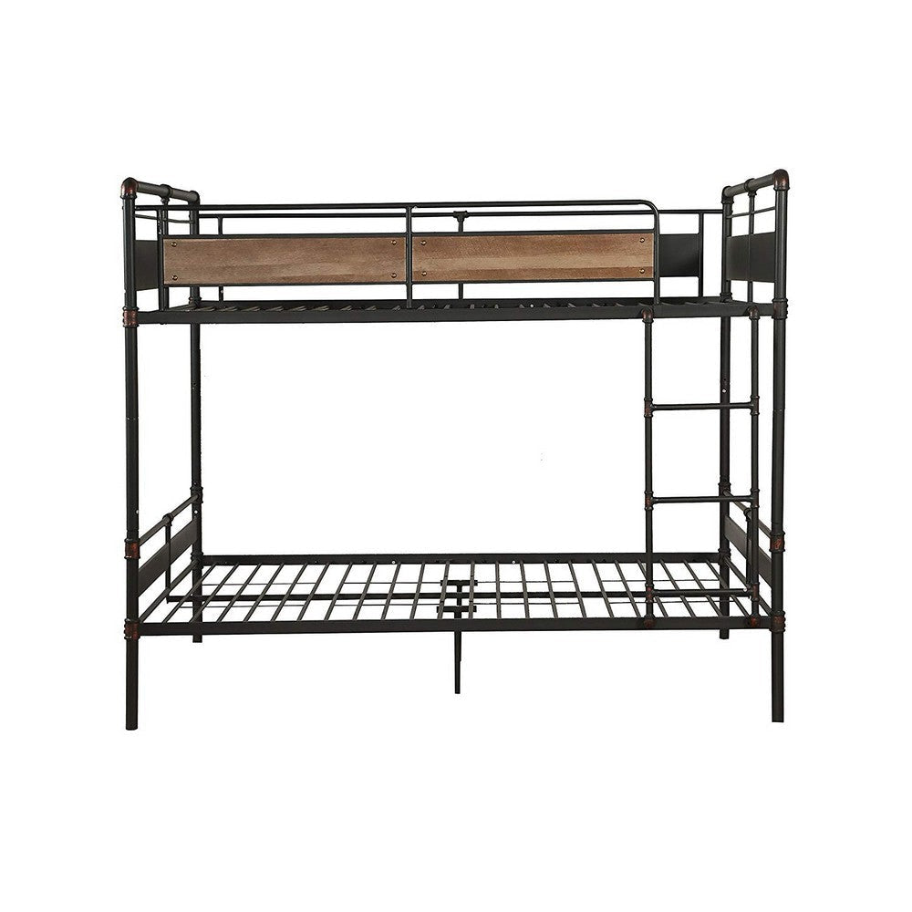Queen Over Queen Size Metal Bunk Bed with Ladder Black and Brown AMF-37730