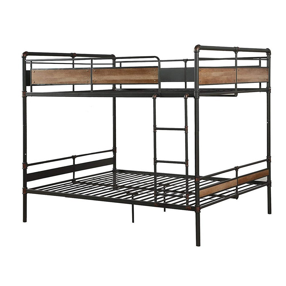 Queen Over Queen Size Metal Bunk Bed with Ladder, Black and Brown