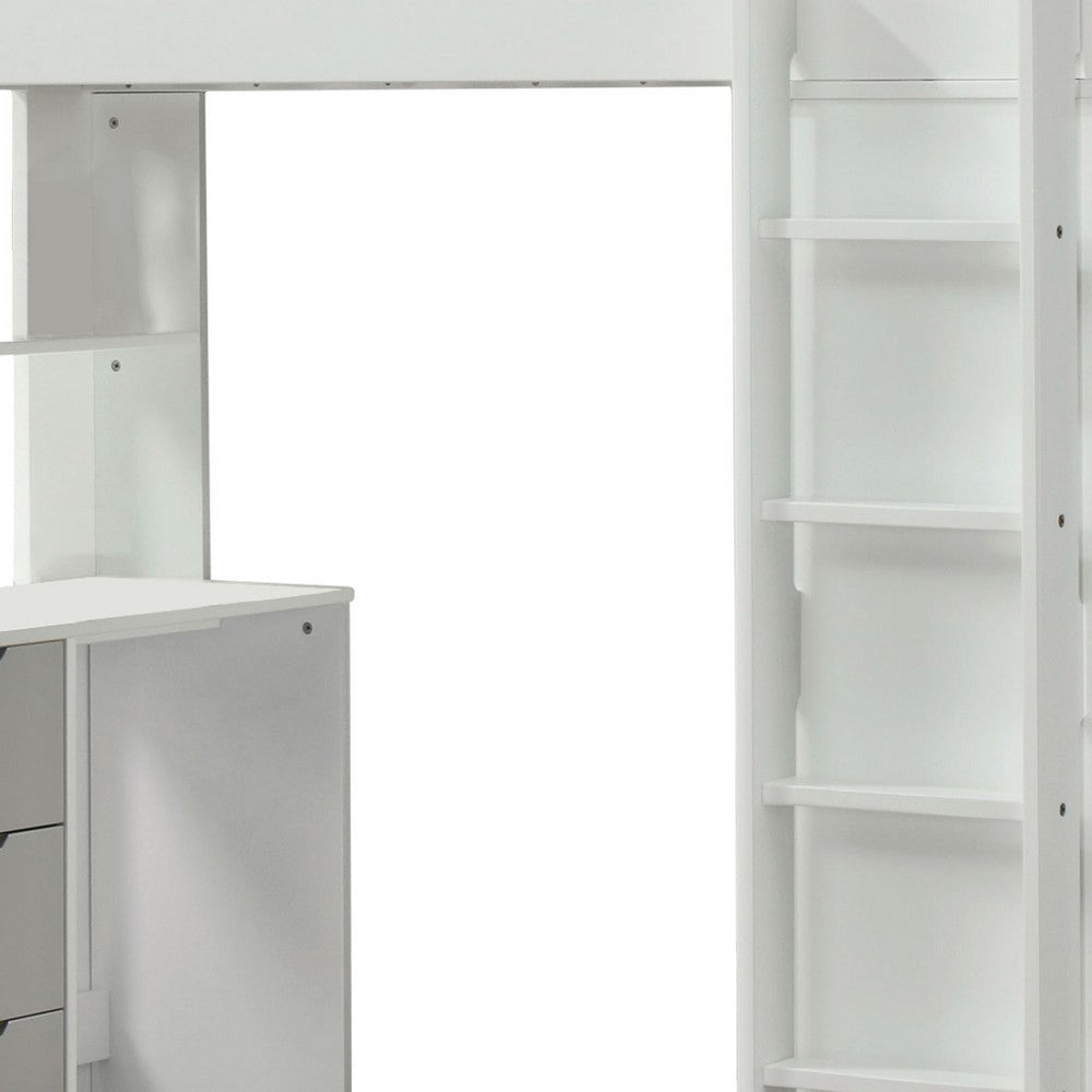 Wooden Twin Size Loft Bunk Bed with Workstation White and Gray