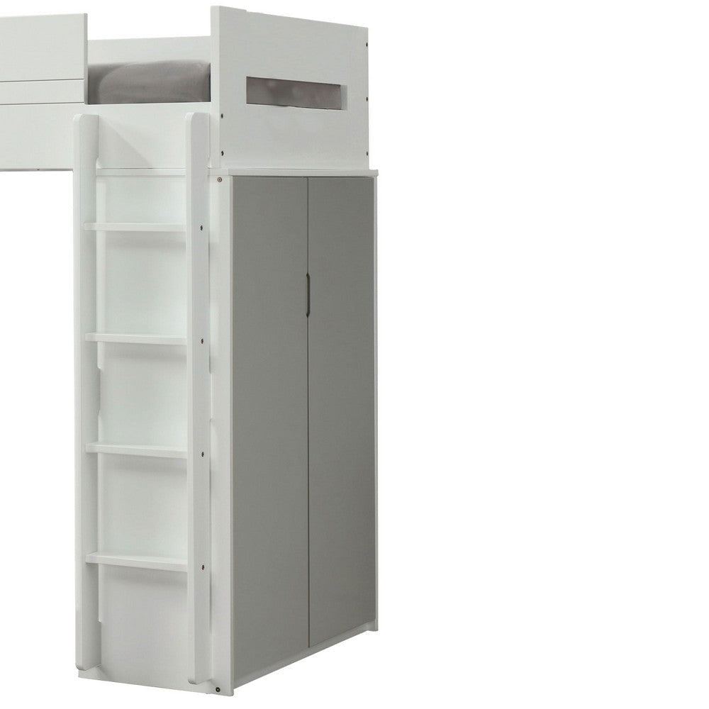 Wooden Twin Size Loft Bunk Bed with Workstation White and Gray