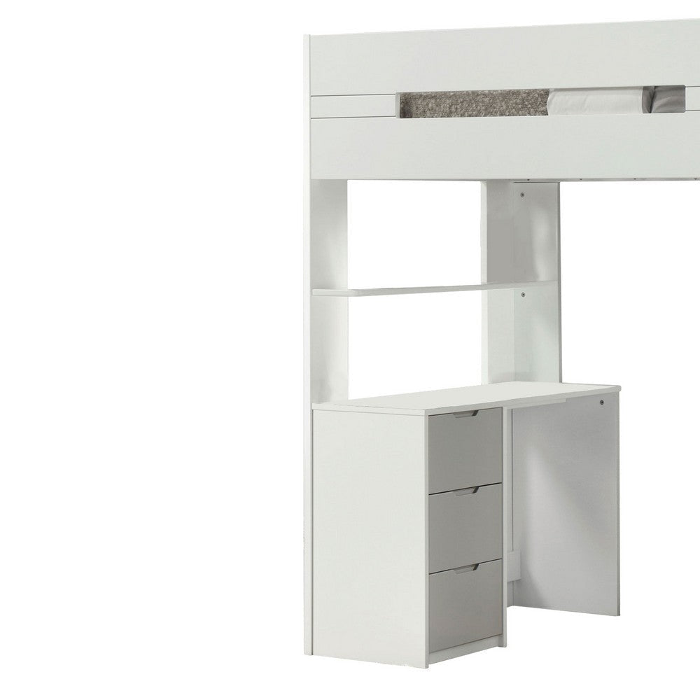Wooden Twin Size Loft Bunk Bed with Workstation White and Gray