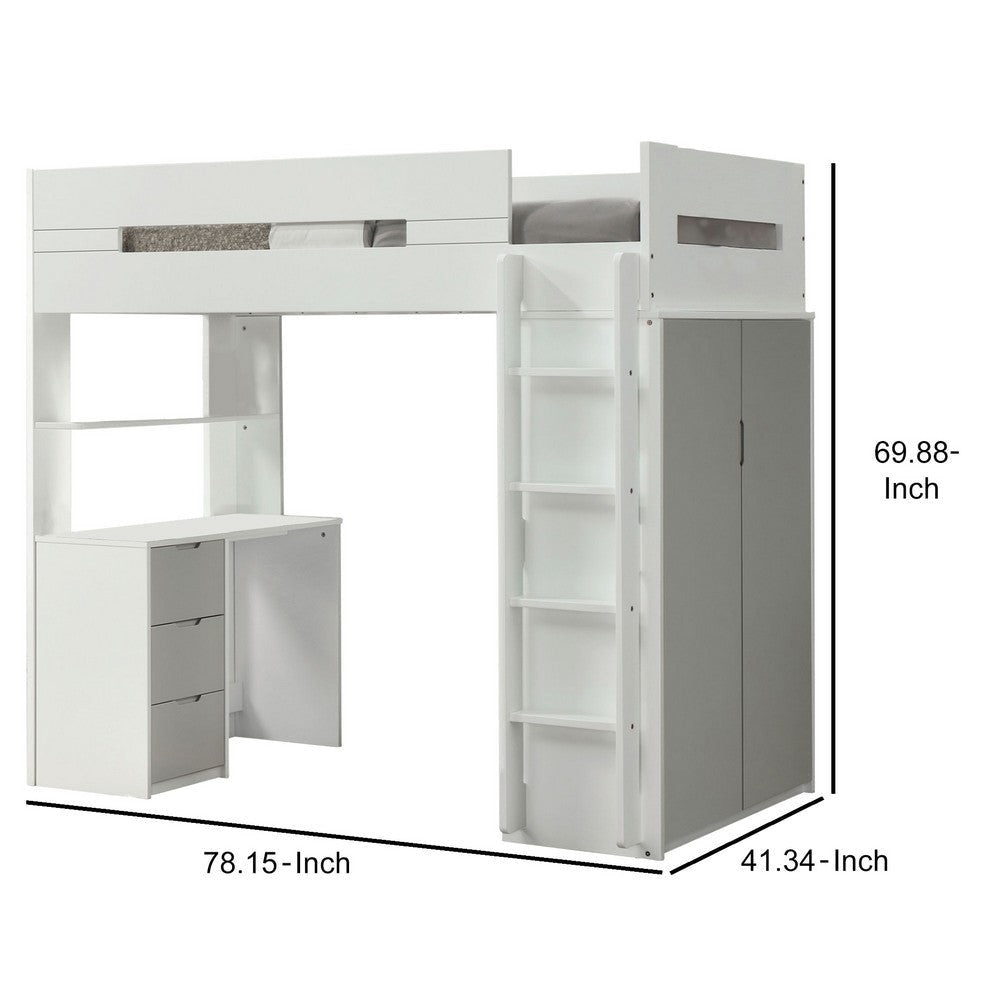 Wooden Twin Size Loft Bunk Bed with Workstation White and Gray