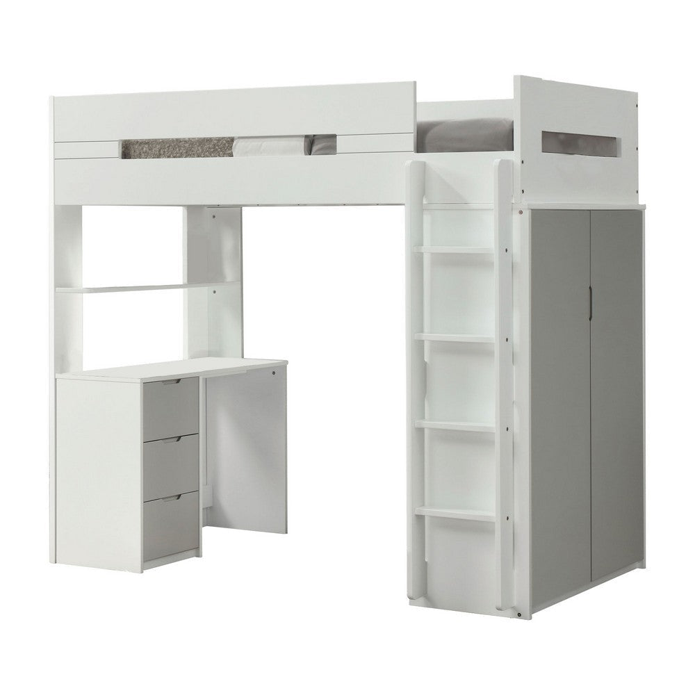 Wooden Twin Size Loft Bunk Bed with Workstation, White and Gray
