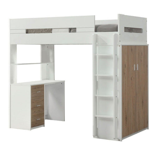 Wooden Twin Size Loft Bunk Bed with Workstation, White and Brown