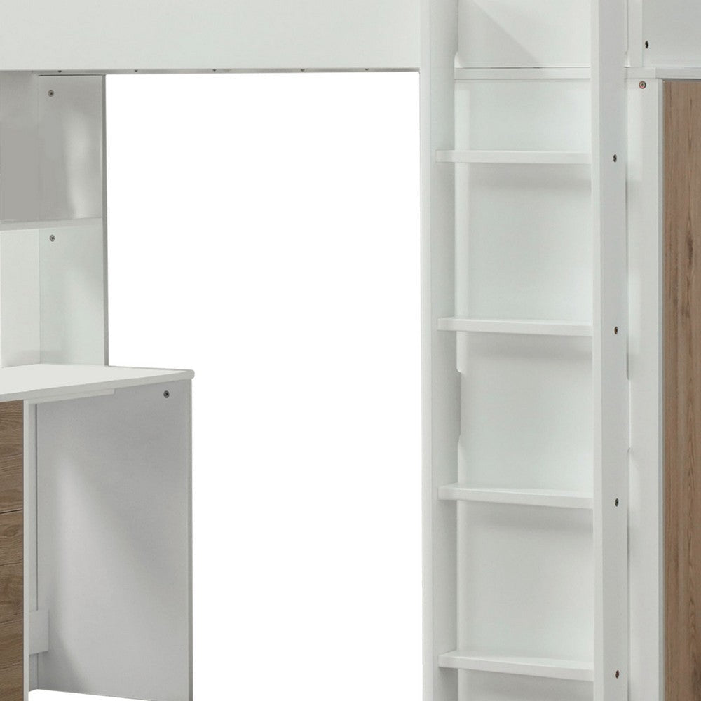 Wooden Twin Size Loft Bunk Bed with Workstation White and Brown