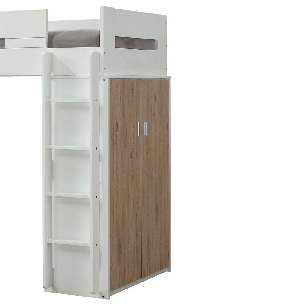 Wooden Twin Size Loft Bunk Bed with Workstation White and Brown