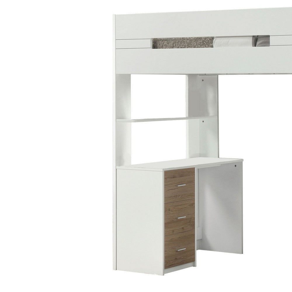 Wooden Twin Size Loft Bunk Bed with Workstation White and Brown