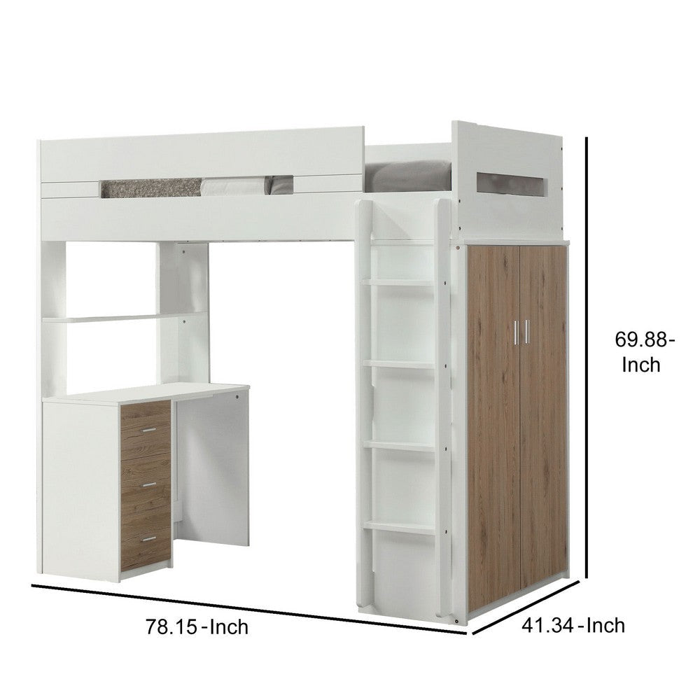 Wooden Twin Size Loft Bunk Bed with Workstation White and Brown