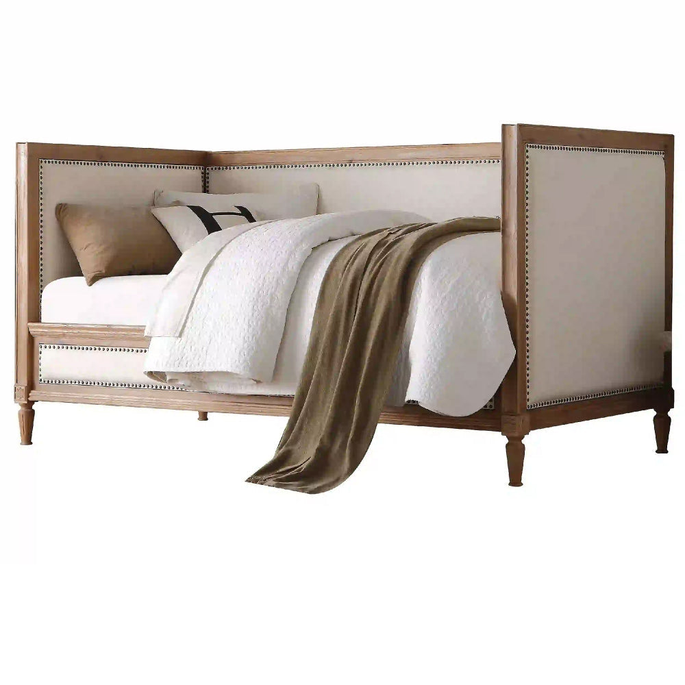 Elegant Daybed, Cream Linen & Salvage Oak Brown By Casagear Home