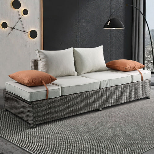Resin Wicker and Aluminum Patio Sofa and Ottoman with 2 Pillows, Beige