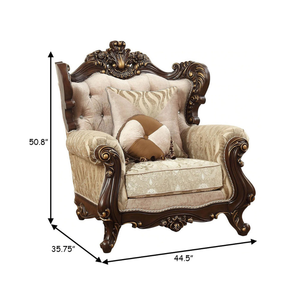 Rolled Arm Chair With Floral Arched Backrest And Two Pillows Brown And Beige By Casagear Home AMF-51052