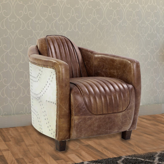 Faux Leather Upholstered Chair Wooden with Aluminium Patchwork, Brown and Silver By Casagear Home