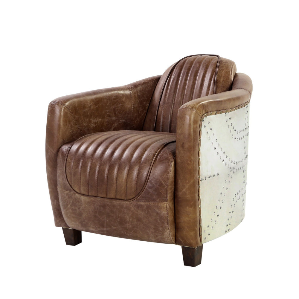 Faux Leather Upholstered Chair Wooden with Aluminium Patchwork Brown and Silver By Casagear Home AMF-53547