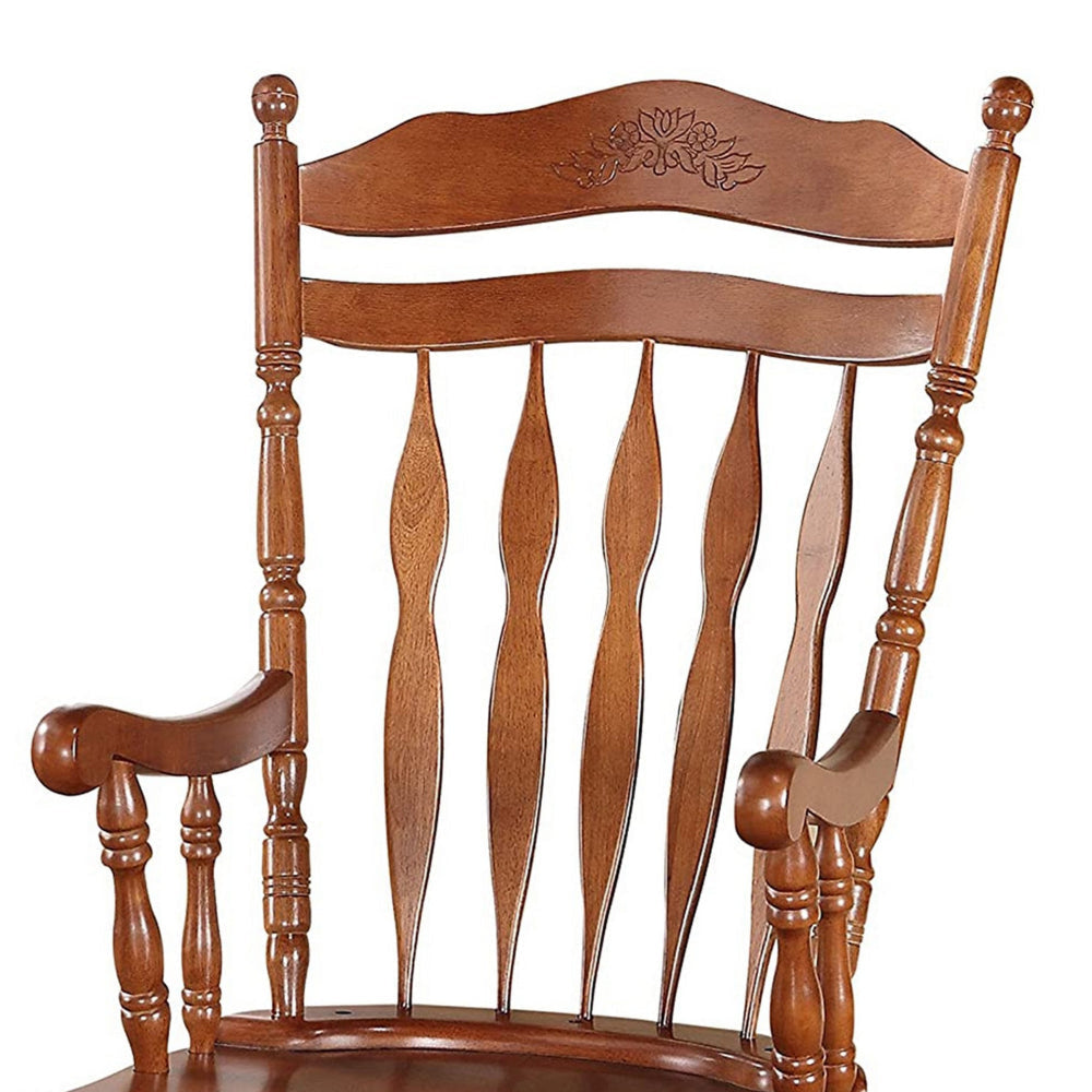 Wooden Rocking Chair with Armrests and Spindle Details, Brown By Casagear Home