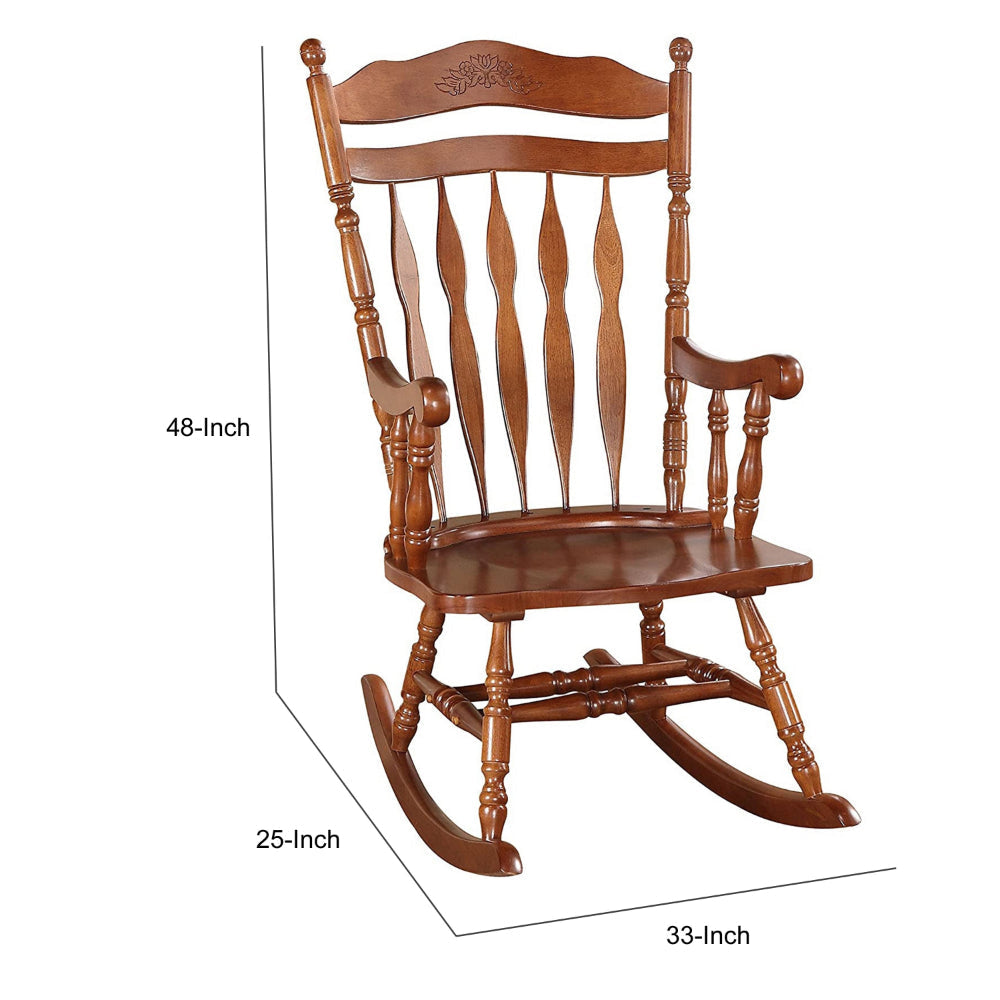 Wooden Rocking Chair with Armrests and Spindle Details, Brown By Casagear Home