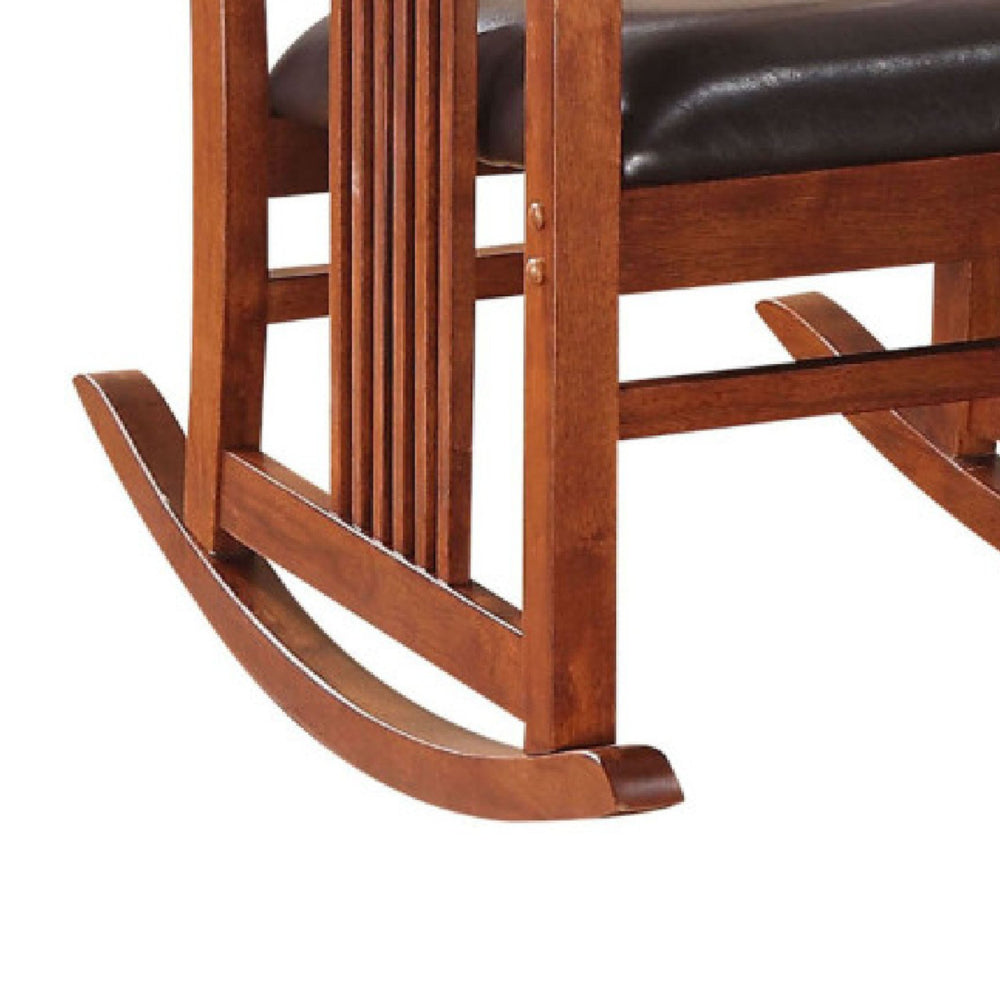 Mission Style Rocking Chair with Leatherette Padded Seat, Brown and Black