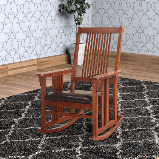 Mission Style Rocking Chair with Leatherette Padded Seat Brown and Black AMF-59214