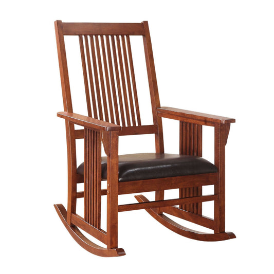 Mission Style Rocking Chair with Leatherette Padded Seat, Brown and Black