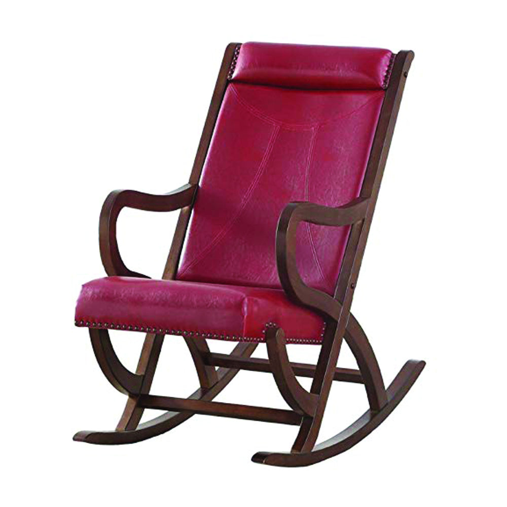 Faux Leather Upholstered Wooden Rocking Chair with Looped Arms, Brown and Red - 59536