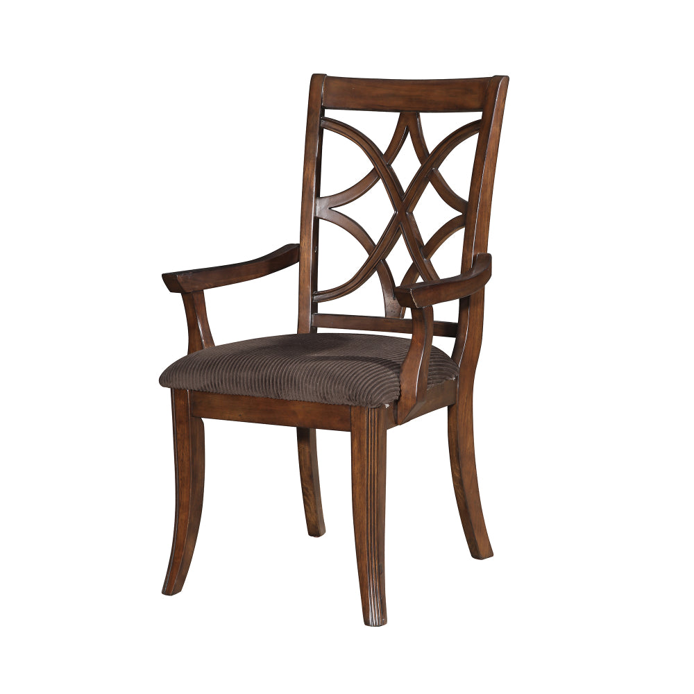 Wooden Arm Chair with Fabric Padded Seat and Lattice Design Backrest, Brown, Set of Two - 60258 By Casagear Home