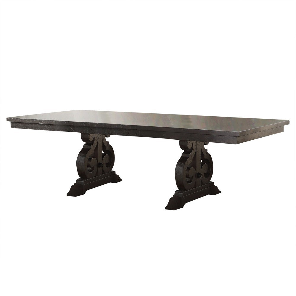 Wooden Rectangular Dining Table With Scrolled Motifs Base, Rustic Walnut