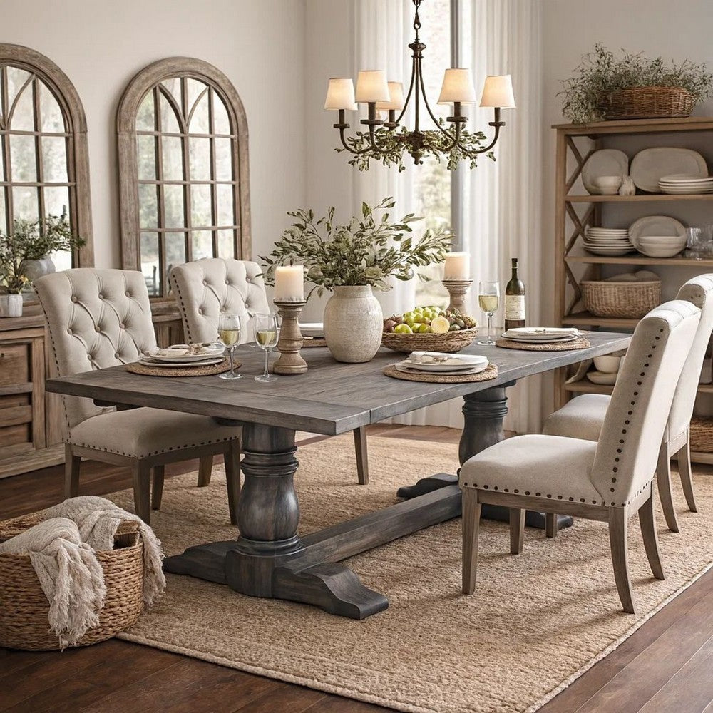 Wooden Rectangular Dining Table With Trestle Base, Gray
