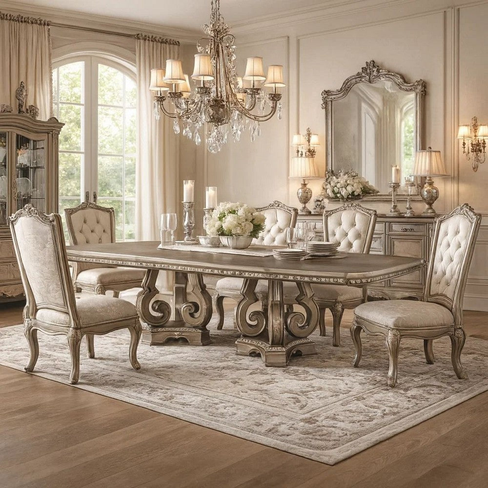 Wooden Extendable Dining Table With Double Pedestal Base, Silver