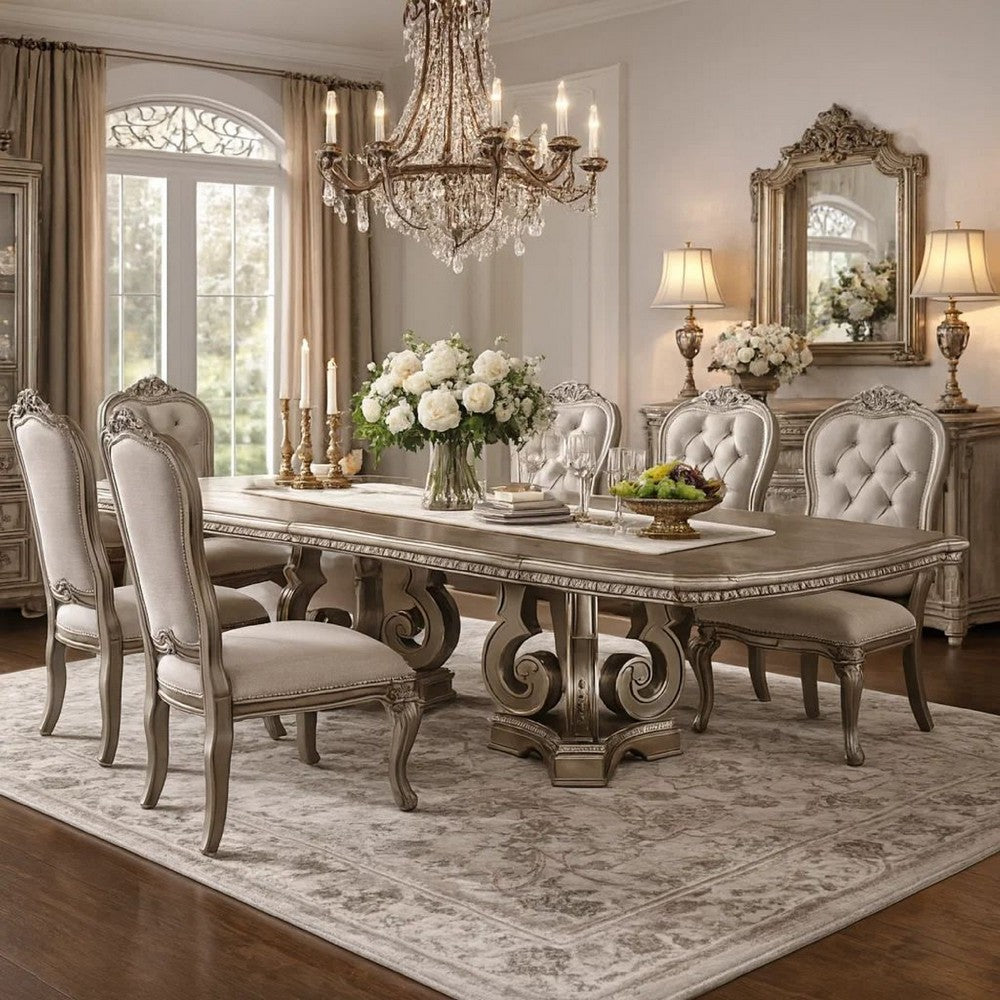 Wooden Extendable Dining Table With Double Pedestal Base, Silver