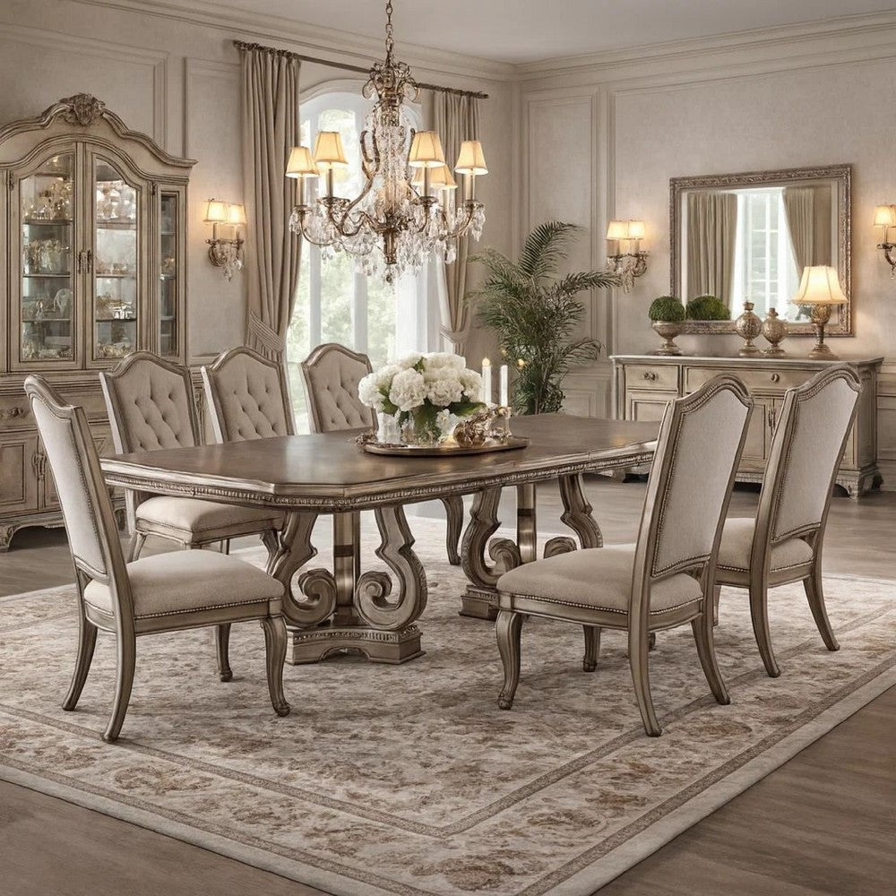 Wooden Extendable Dining Table With Double Pedestal Base, Silver