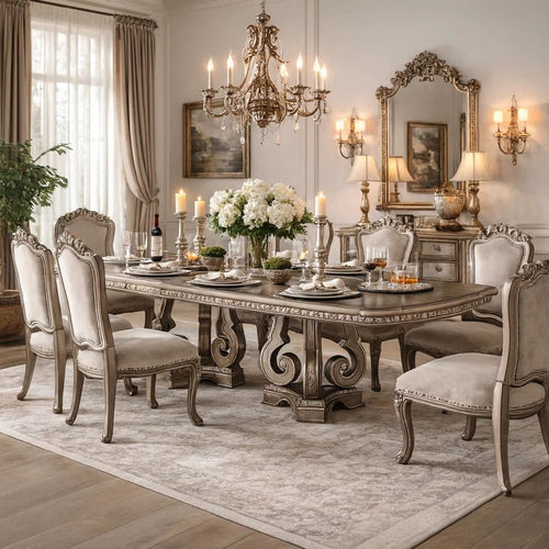 Wooden Extendable Dining Table With Double Pedestal Base, Silver