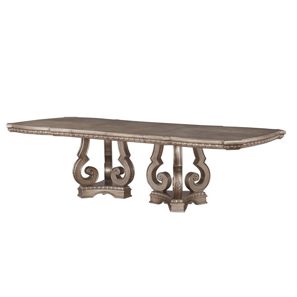 Wooden Extendable Dining Table With Double Pedestal Base, Silver