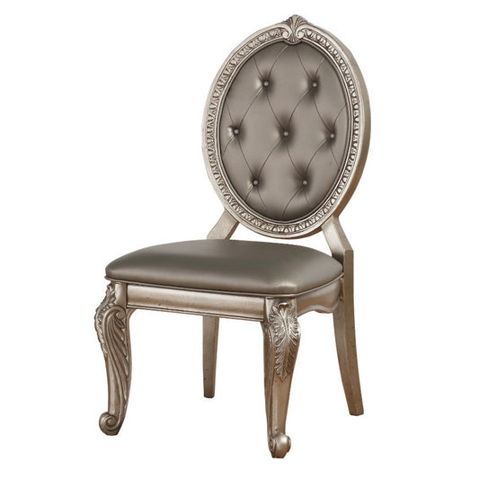 Faux Leather Upholstered Wooden Side Chair with Carved Details, Gray and Gold, Set of Two - 66922