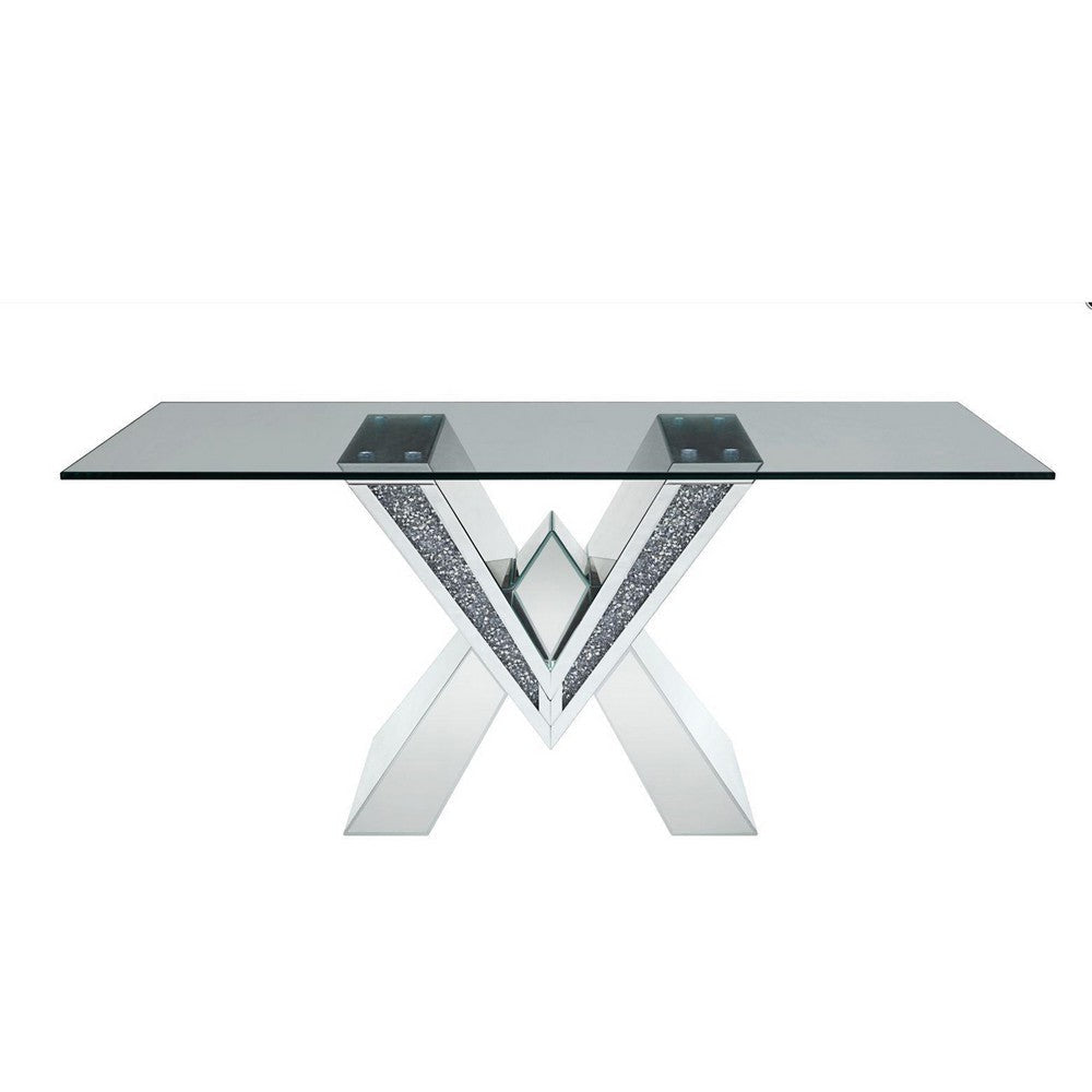 Wood and Glass Dining Table with Mirror and Faux Crystal Inlays Silver and Clear AMF-71280