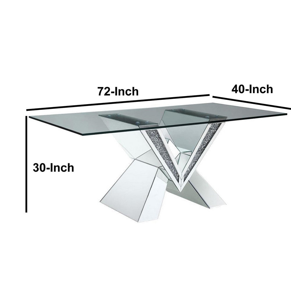 Wood and Glass Dining Table with Mirror and Faux Crystal Inlays Silver and Clear AMF-71280