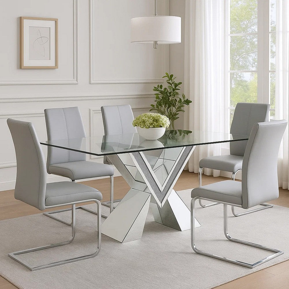 Wood and Glass Dining Table with Mirror and Faux Crystal Inlays Silver and Clear AMF-71280