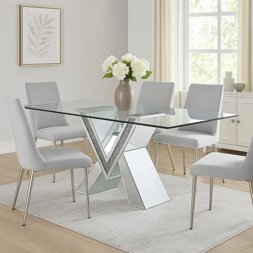 Wood and Glass Dining Table with Mirror and Faux Crystal Inlays, Silver and Clear