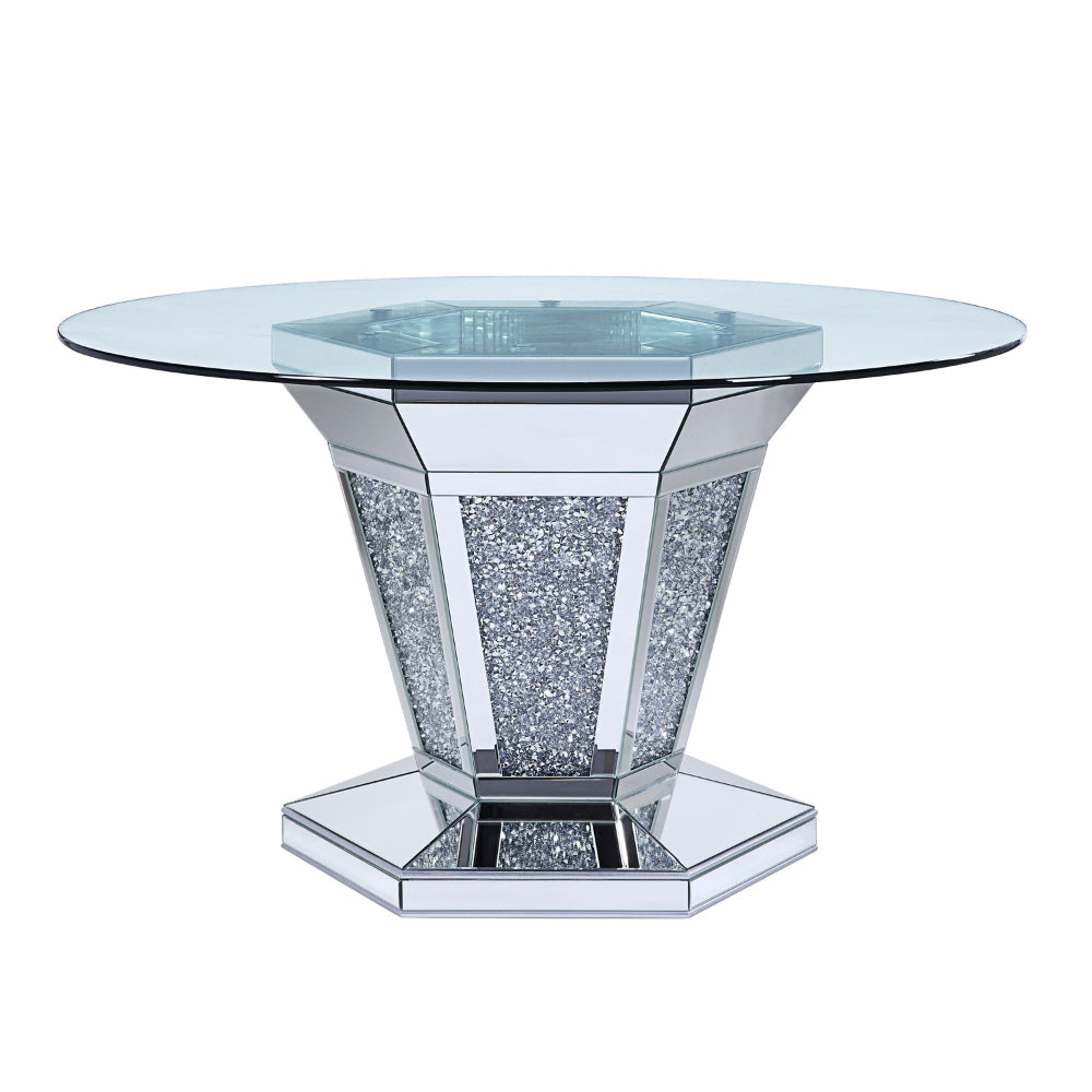 Celeste Dining Table | Faux Crystals | Mirror Inlay | Pedestal Base | Silver AMF-71285