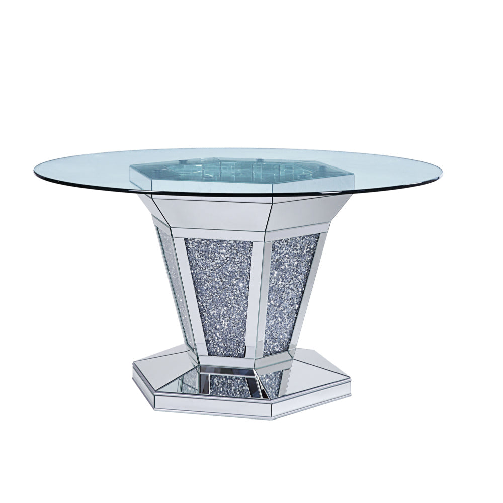 Celeste Dining Table | Faux Crystals | Mirror Inlay | Pedestal Base | Silver AMF-71285