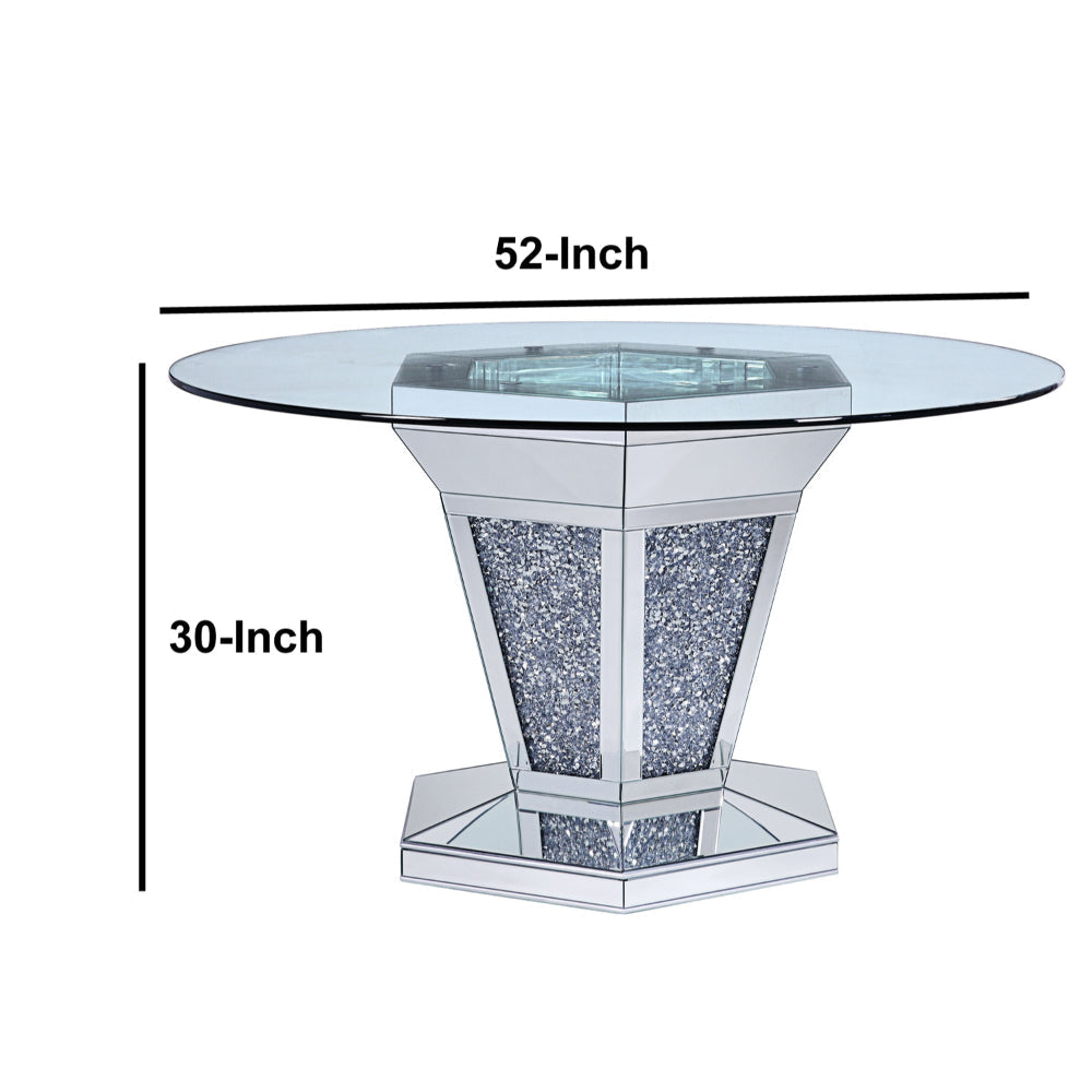 Celeste Dining Table | Faux Crystals | Mirror Inlay | Pedestal Base | Silver AMF-71285