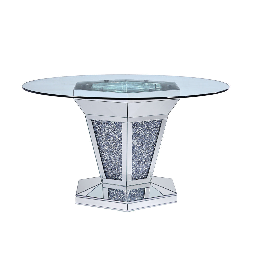 Faux Crystals and Mirror Inlaid Wooden Dining Table with Pedestal Base, Silver and Clear