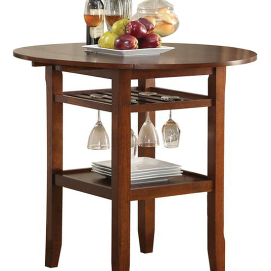 Brayden Counter Table | Round Top | Drop Leaves | Stemware Rack | Brown
