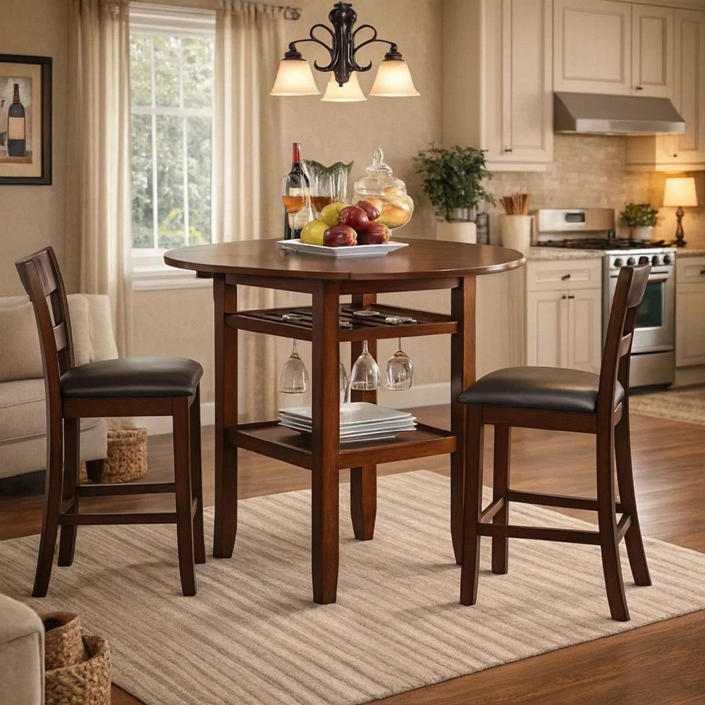 Brayden Counter Table | Round Top | Drop Leaves | Stemware Rack | Brown