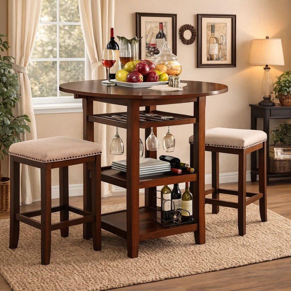 Brayden Counter Table | Round Top | Drop Leaves | Stemware Rack | Brown