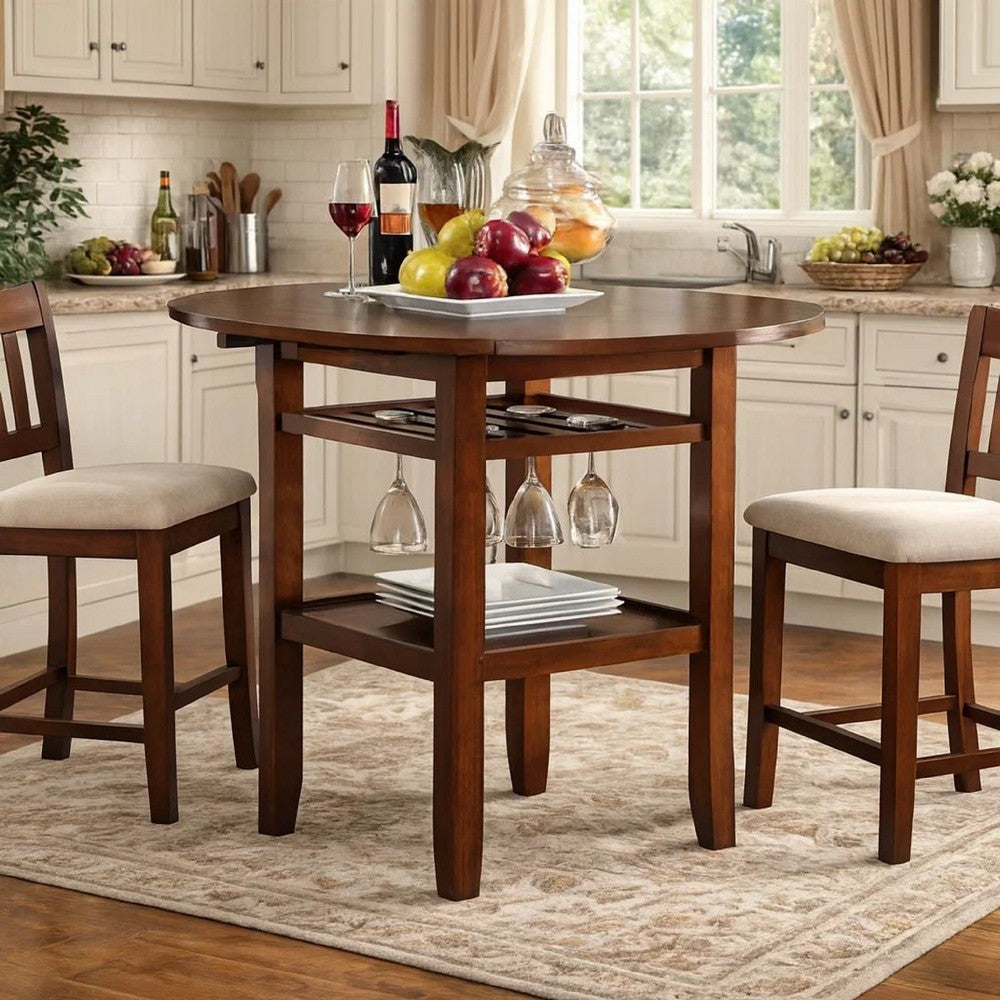 Brayden Counter Table | Round Top | Drop Leaves | Stemware Rack | Brown
