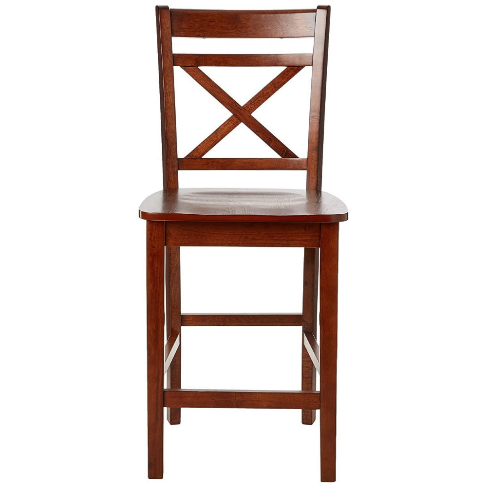 Wooden Counter Height Chair with Cross Back, Set of 2, Cherry Brown - 72537